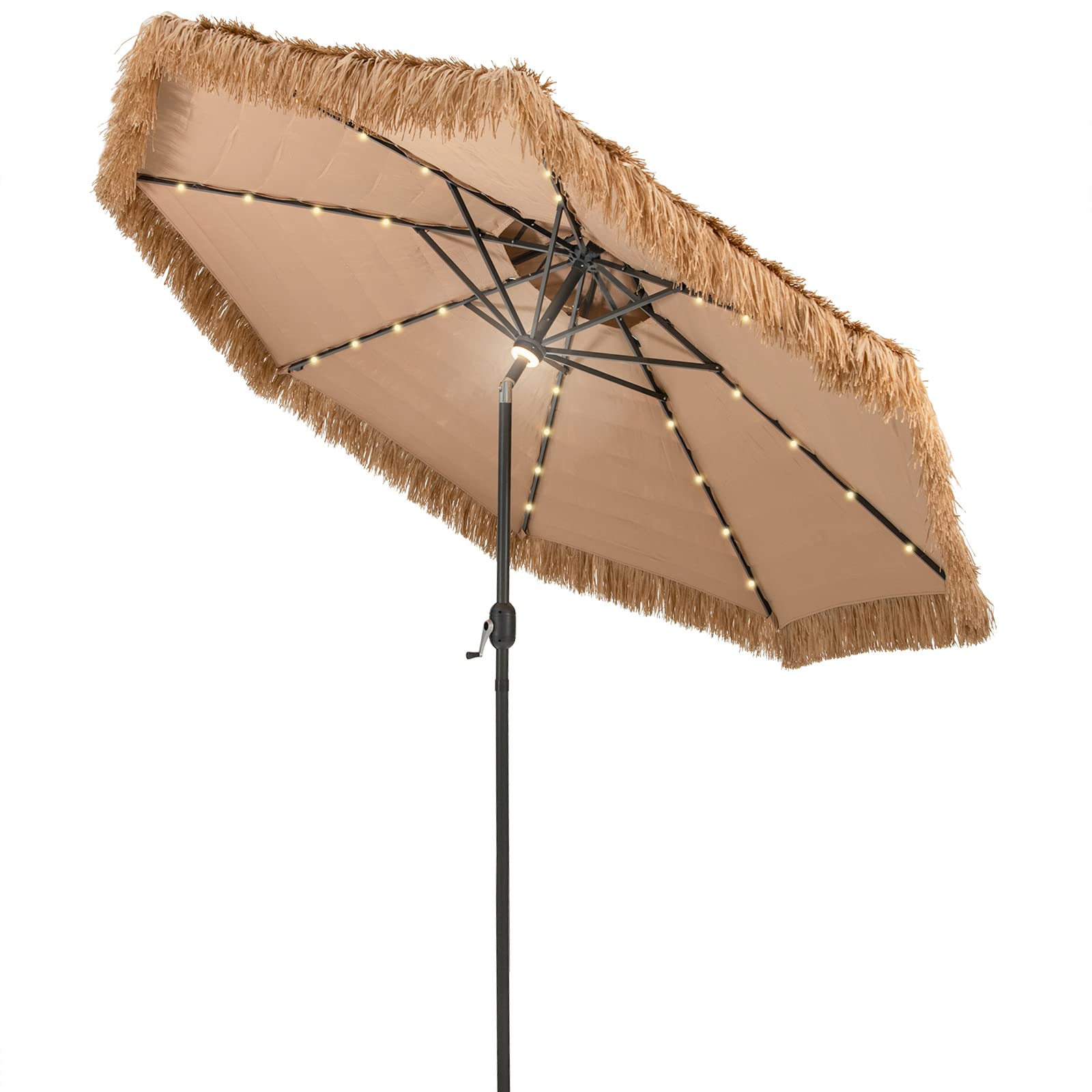 Tangkula 10 ft Thatched Patio Umbrella, 2 Tier Hawaiian Style Grass Beach Umbrella with 32 Led Lights