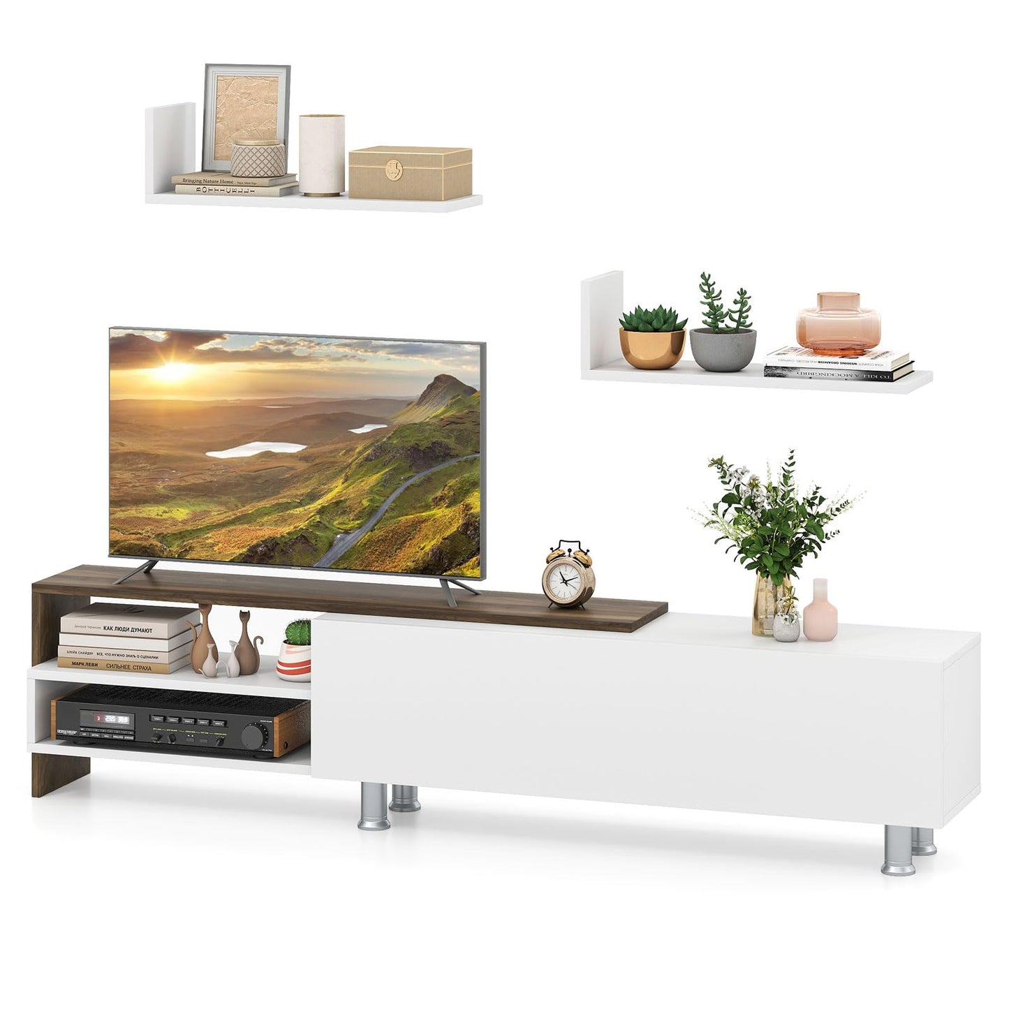 Tangkula White TV Stand with 2 Wall Shelves for Living Room