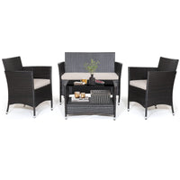 Tangkula 4 Pieces Patio Furniture Set, Patiojoy Outdoor PE Wicker Conversation Set with Soft Cushions and Tempered Glass Tabletop