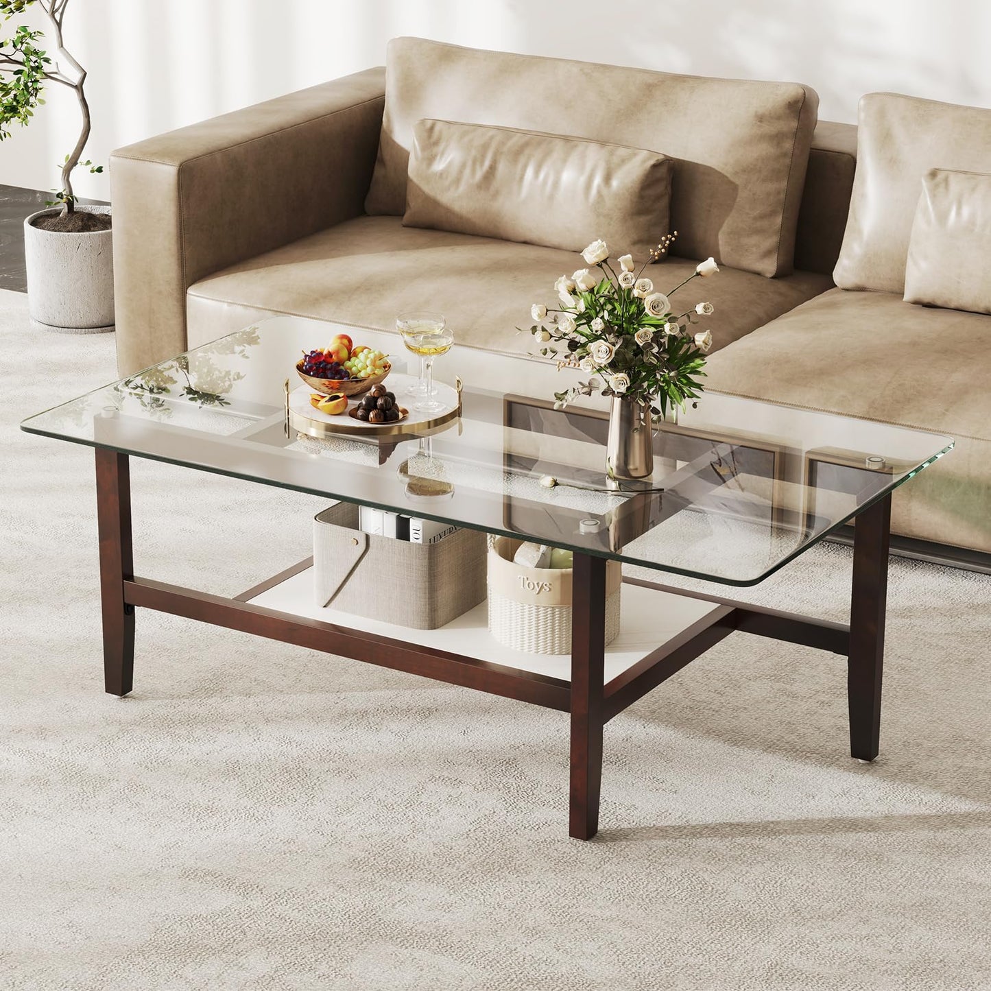 Tangkula Table basse rectangulaire à 2 niveaux de 106,7 cm avec étagère de rangement et pieds en bois d'hévéa massif