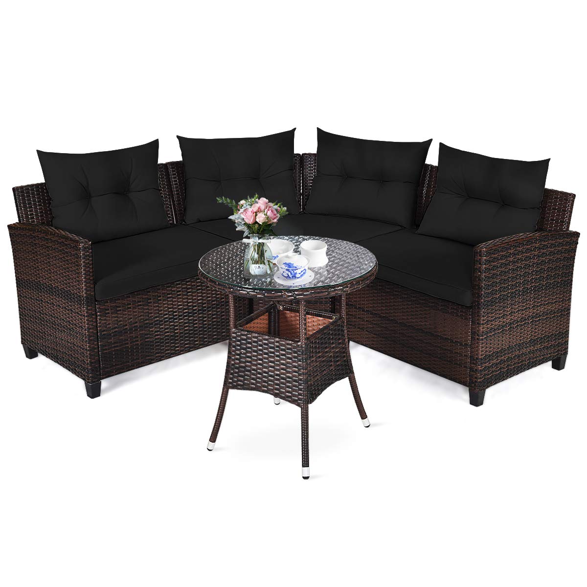 4-Piece Patio Furniture Set, C-Shape Outdoor Wicker Sectional Sofa Set