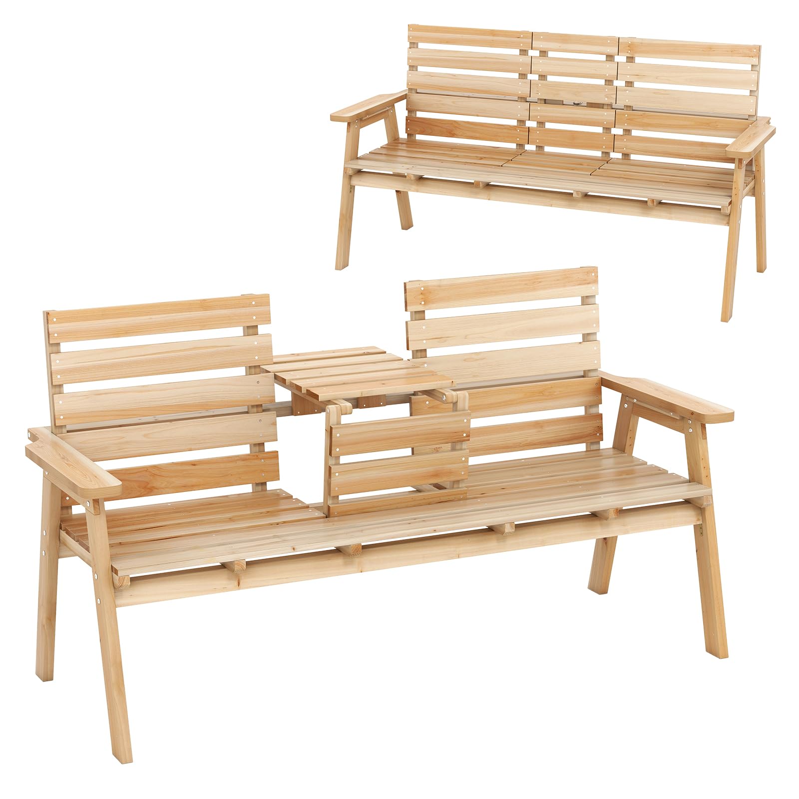 Tangkula Outdoor Fir Wood Bench with Foldable Middle Table