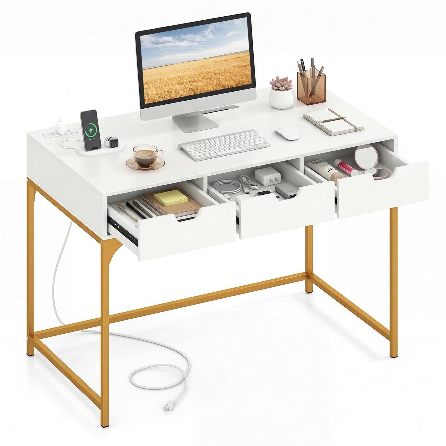 Tangkula Computer Desk with 3 Drawers & Power Outlets