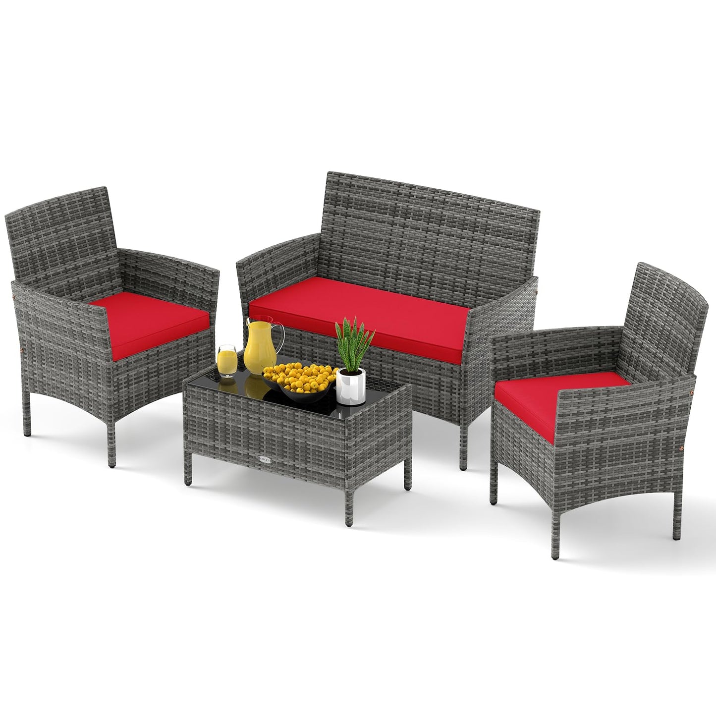 Tangkula 4/8 Piece Patio Rattan Conversation Set, Outdoor Wicker Furniture Set with Chair, Loveseat & Tempered Glass Table