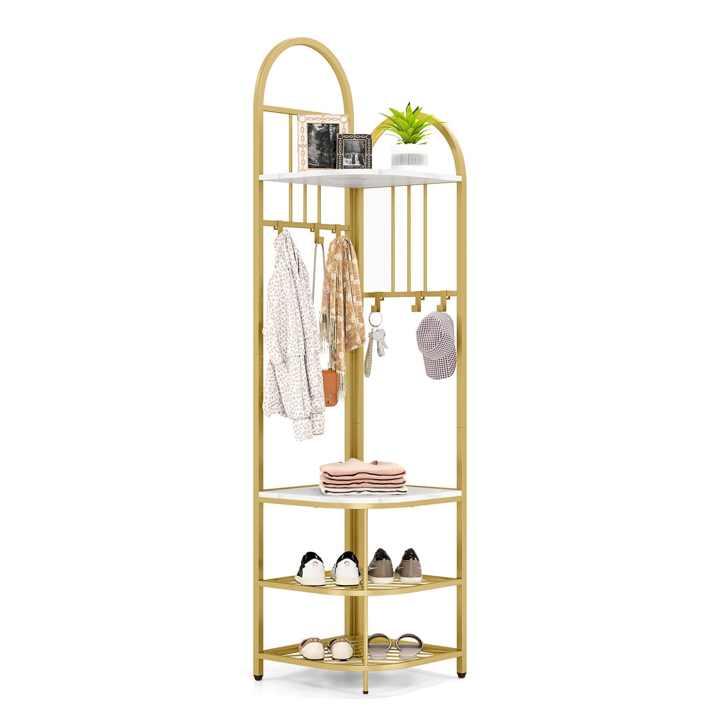 Tangkula 4-Tier Coat Rack Corner Hall Tree with Shoe Storage Bench