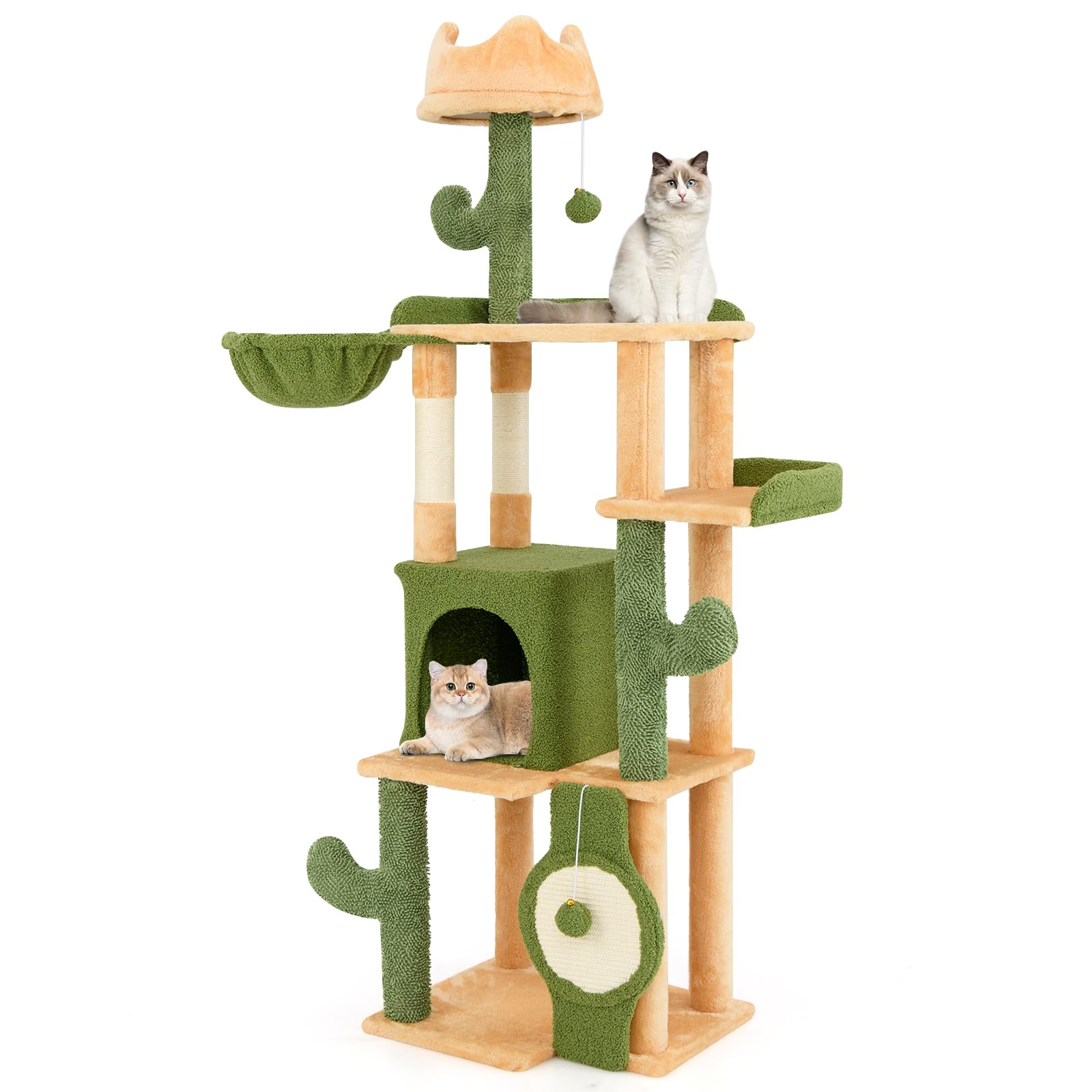 Tangkula Cactus Cat Tree, 63 Inch Multi-Level Tall Cat Tower with Sisal Scratching Posts & Board