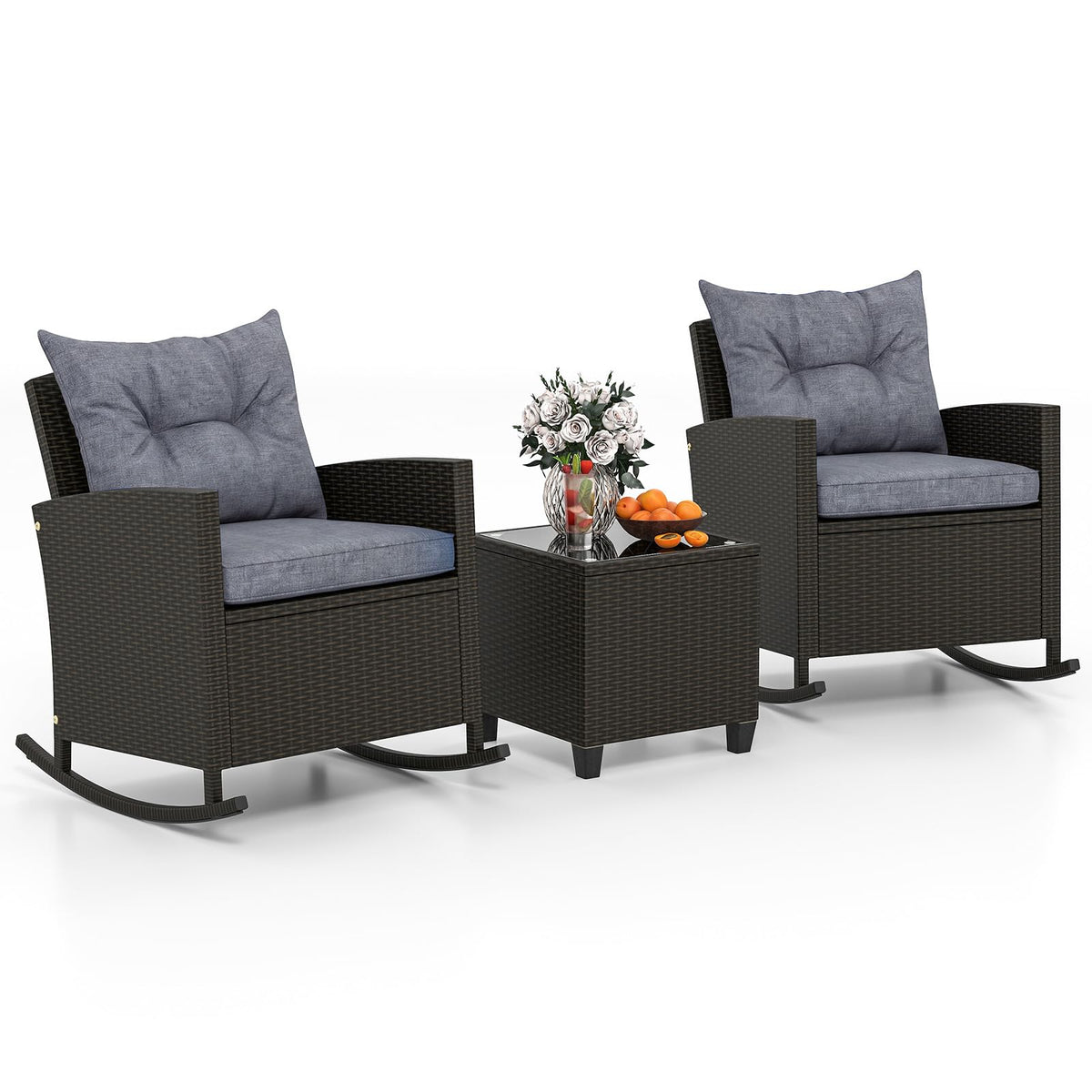 Tangkula 3 Piece Wicker Outdoor Rocking Chairs Set for Porch Garden Patio Backyard Poolside