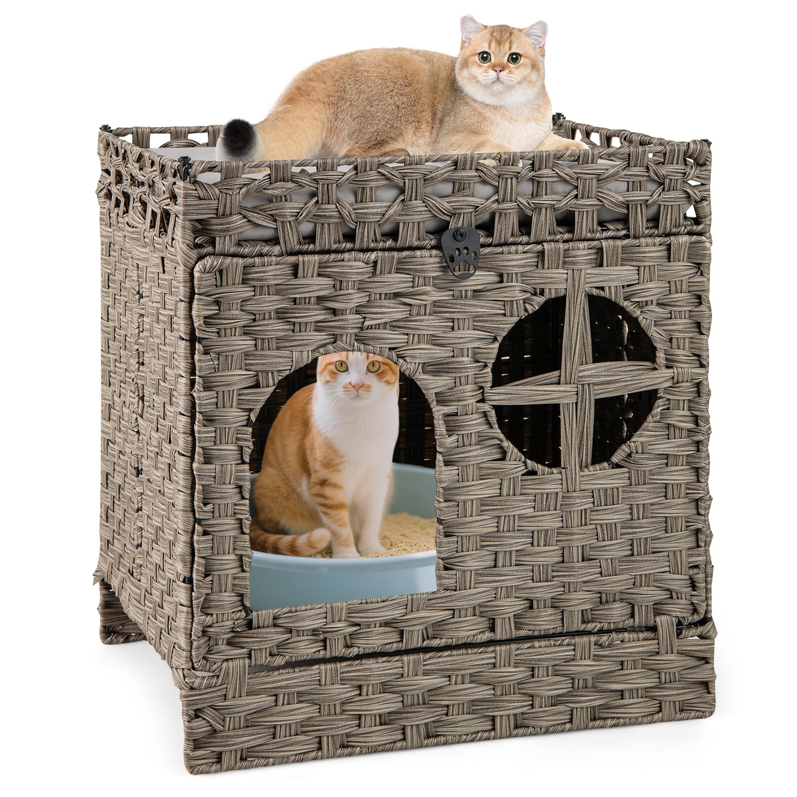 Tangkula Foldable Rattan Cat Litter Box Enclosure with Litter Mat & Removable Cushion