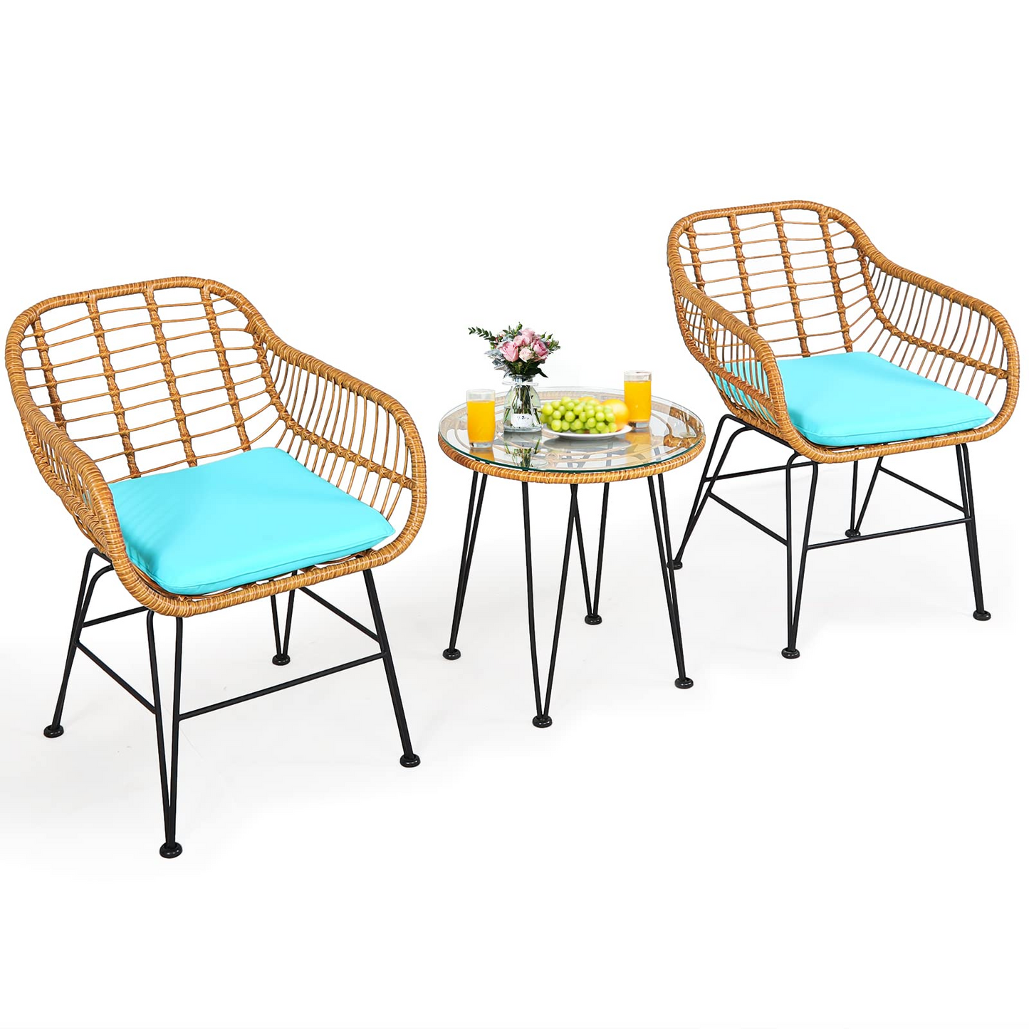 3 Pieces Patio Bistro Set, Rattan Conversation Set with 2 Cushioned Armchairs & Round Glass Coffee Table