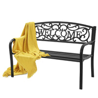Outdoor Steel Garden Bench Park Bench, 50 Inch Patio Welcome Bench with Slated Seat & Floral Design Backrest
