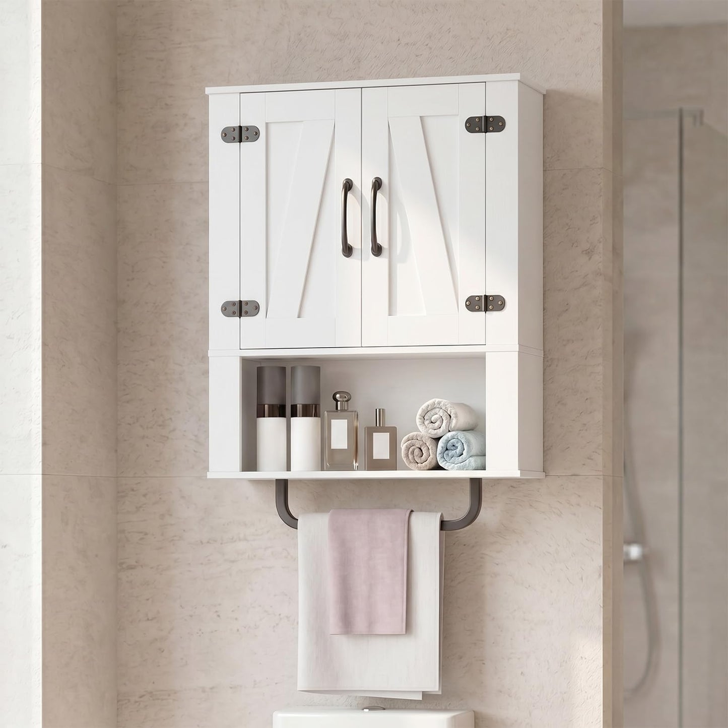Tangkula Bathroom Wall Cabinet with 2 Barn Doors & Metal Towel Bar