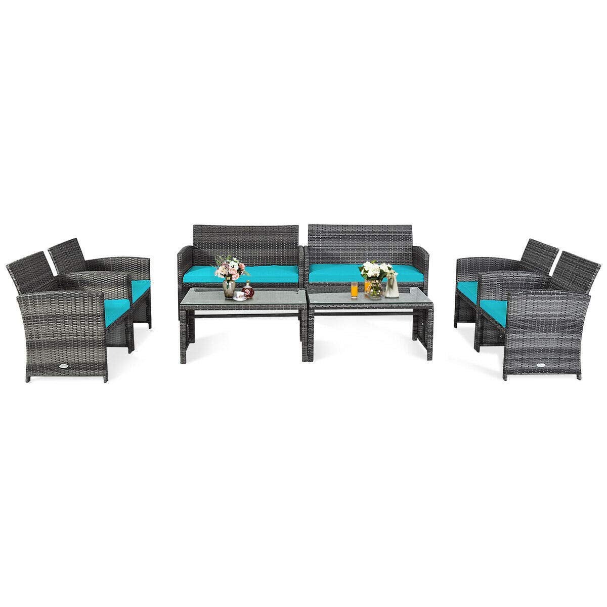 Tangkula 4/8 PCS Wicker Patio Conversation Set, Outdoor Rattan Sofas with Table Set