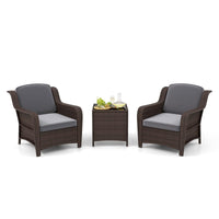 Tangkula 3 Pieces Outdoor Patio Furniture Set, Patiojoy PE Rattan Wicker Chairs with Cushions and Tempered Glass Coffee Table