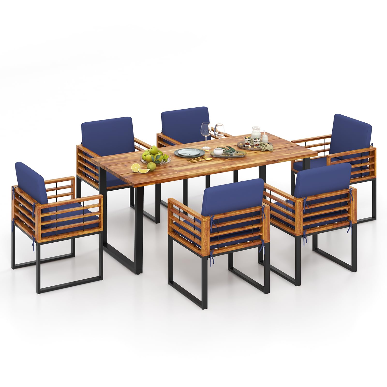Tangkula 7 Piece Patio Dining Set Acacia Wood Dining Chair & Table Set