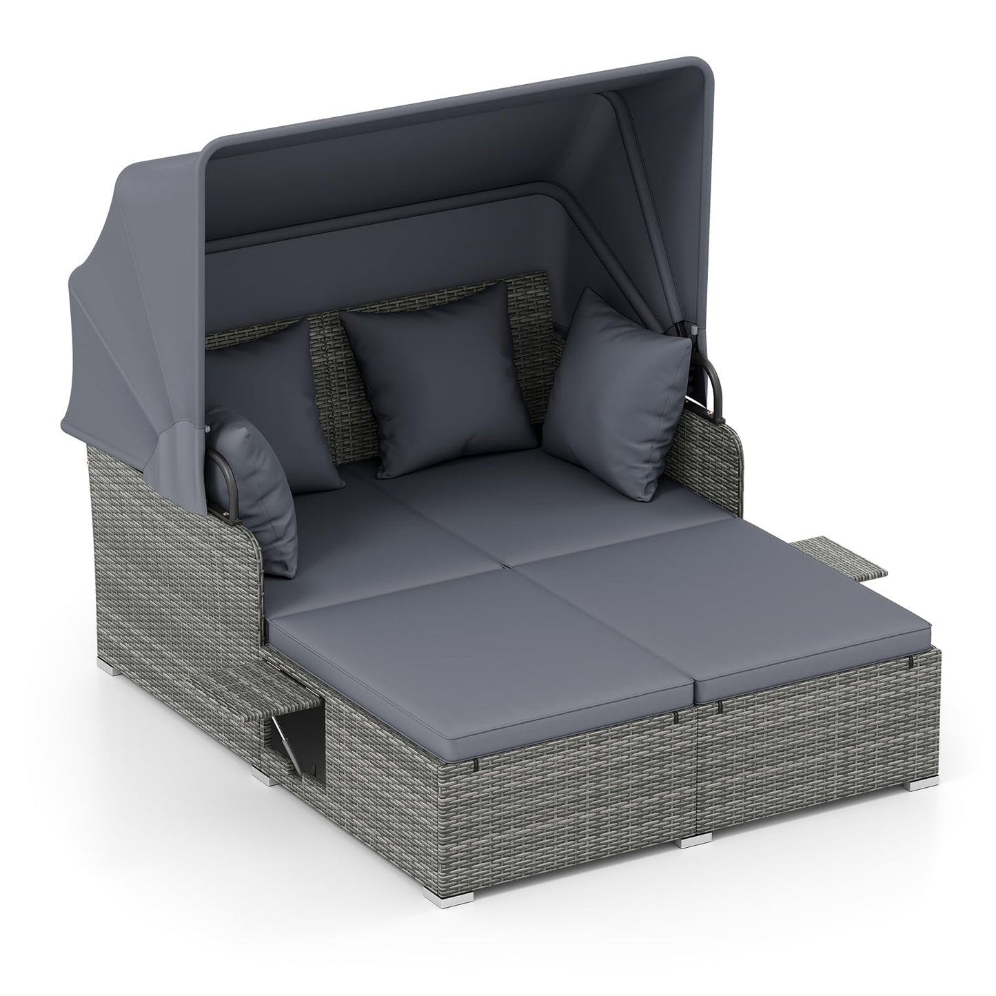 Tangkula Patio Rattan Daybed with Retractable Canopy and Side Tables-Mix Gray