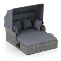 Tangkula Patio Rattan Daybed with Retractable Canopy and Side Tables-Mix Gray