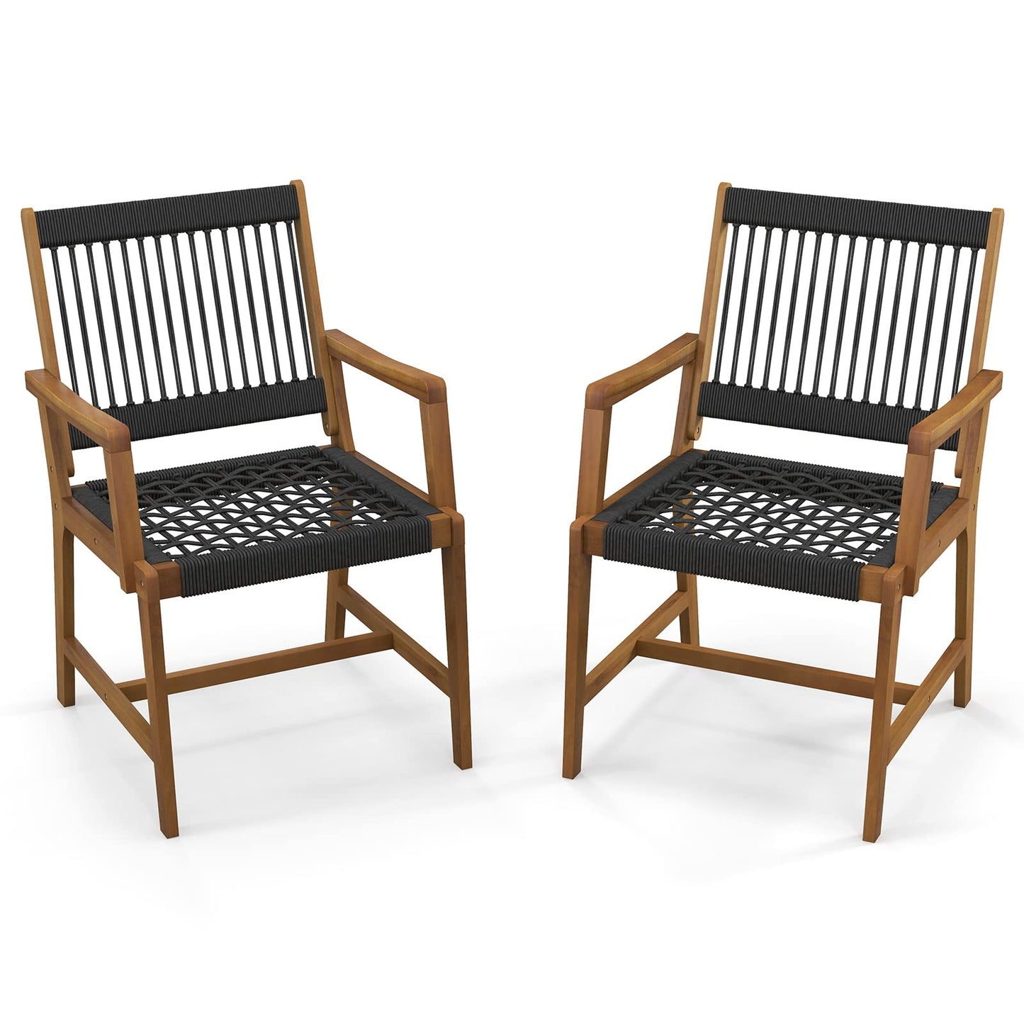 Tangkula Outdoor Acacia Wood Dining Chairs Set of 2, All-Weather Rope Woven Patio Chairs with Armrests