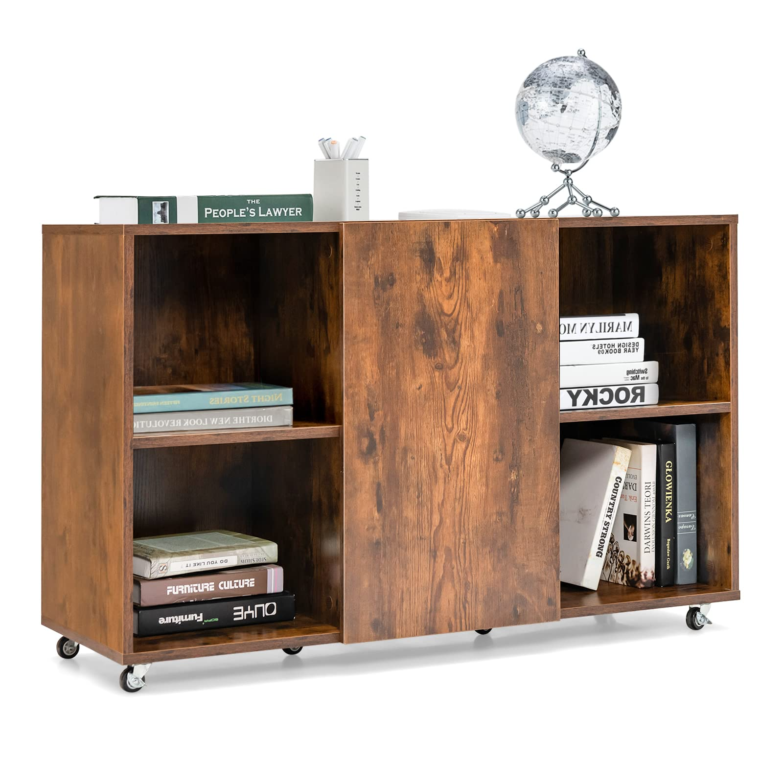 Tangkula Wood File Cabinet with Wheels, Mobile Storage Cabinet with 6 Compartments
