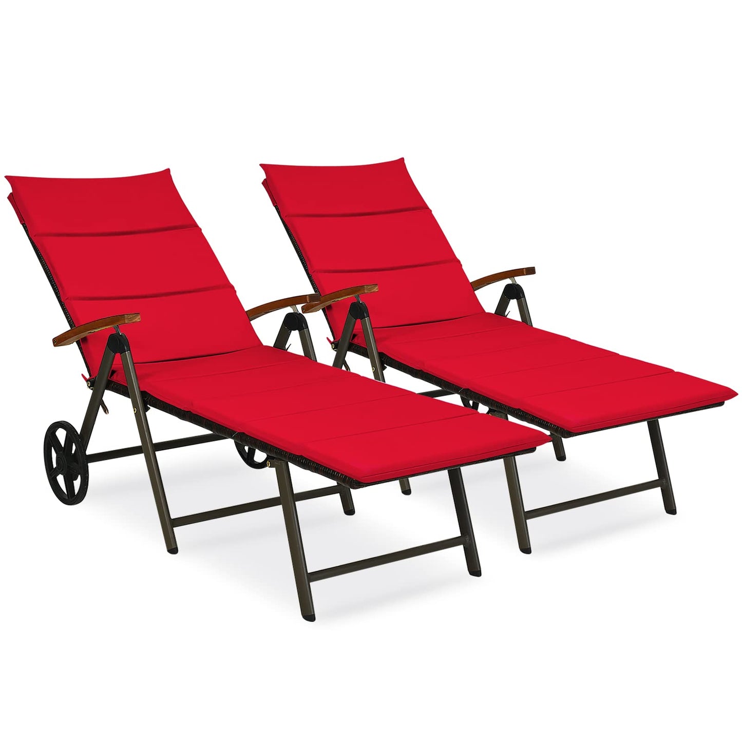Tangkula Foldable Outdoor Chaise, Wicker Lounger Chair with Aluminum Frame, with Wheels for Easy Moving