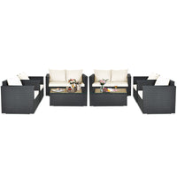 Patio Rattan Conversation Furniture Set, Outdoor Wicker Sofa Set with Padded Cushion & Tempered Glass Coffee Table
