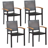 Tangkula 2 Pieces Stackable Patio Rattan Chair, Outdoor PE Wicker Dining Armchair W/Galvanized Steel Frame, Acacia-Topped Armrests