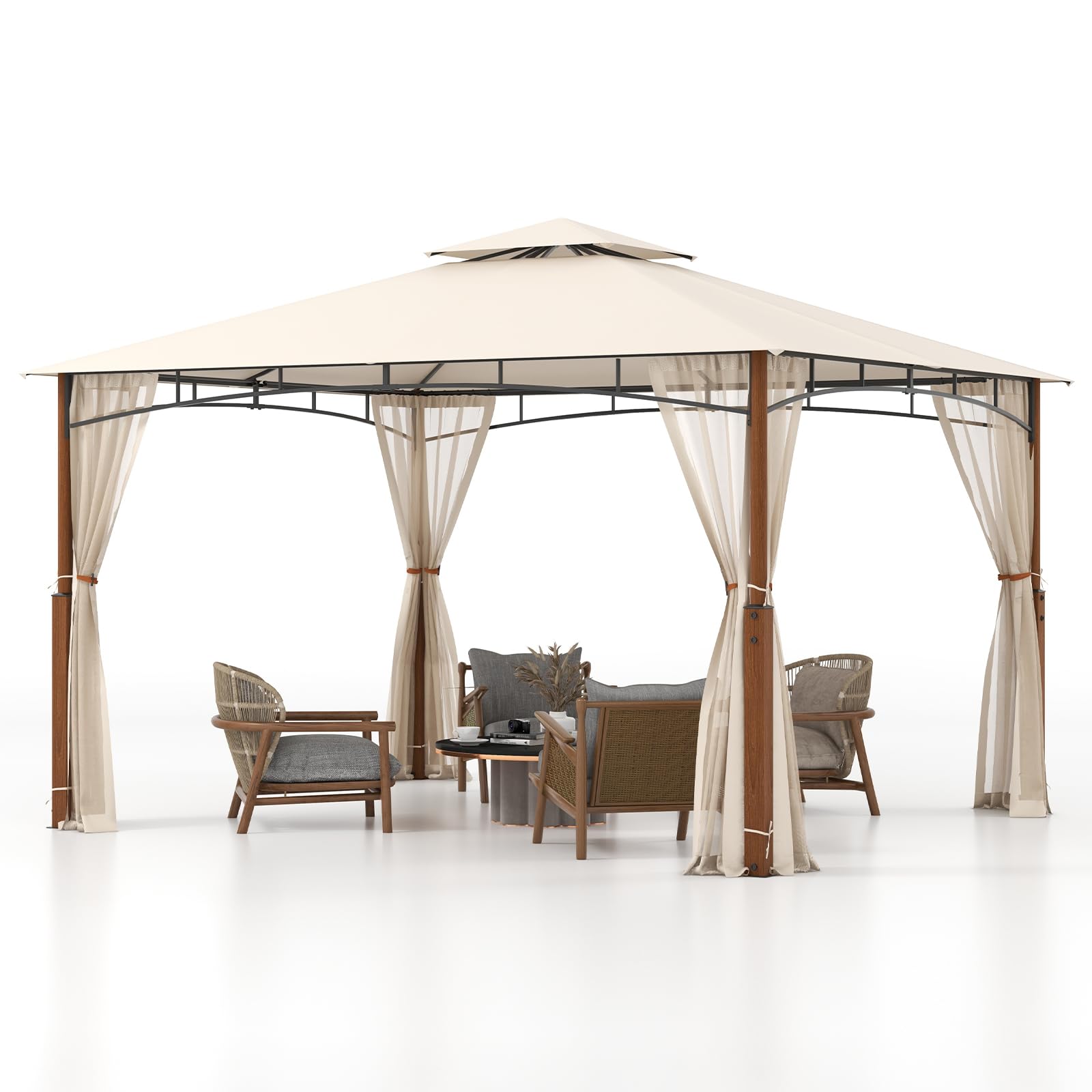 Tangkula 10x12 Ft Gazebo with Netting, 2-Tier Patio Gazebo with Heavy Duty Metal Frame
