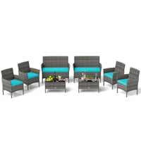 Tangkula 4/8 Piece Patio Rattan Conversation Set, Outdoor Wicker Furniture Set with Chair, Loveseat & Tempered Glass Table