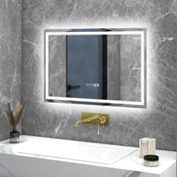 Tangkula LED Bathroom Mirror, Wall Mounted Rectangle Mirror w/ 3-Color Dimmable Lights, Time/Temp Display, Anti-Fog