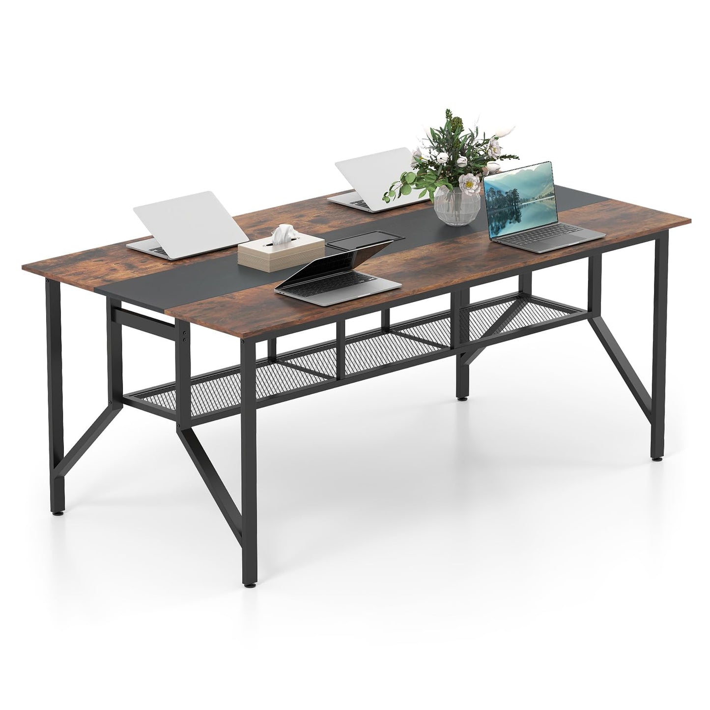 Tangkula 6 FT Rectangular Conference Table with Mesh Storage Shelf & Cable Grommet