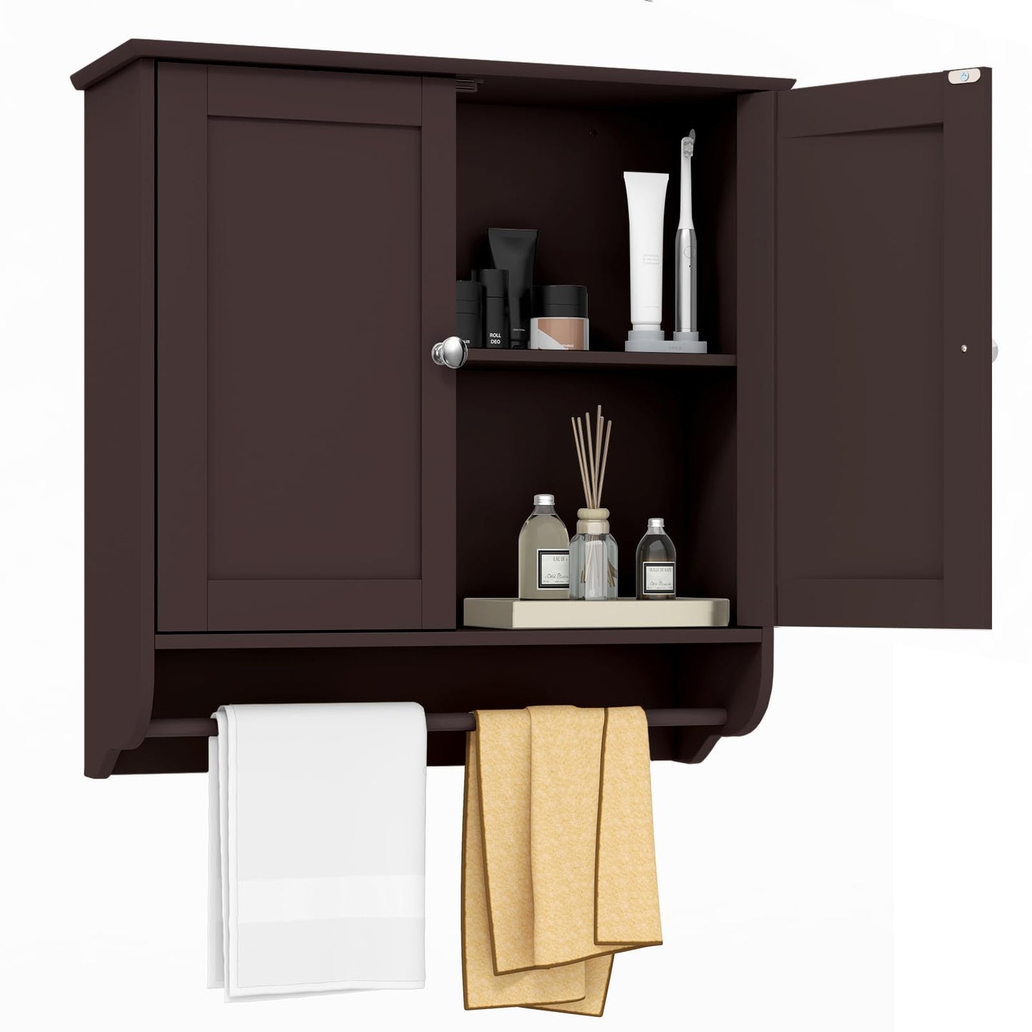 Tangkula Bathroom Cabinet Wall Mounted, Bathroom Medicine Cabinet with Towel Bar & Double Door & Adjustable Shelf