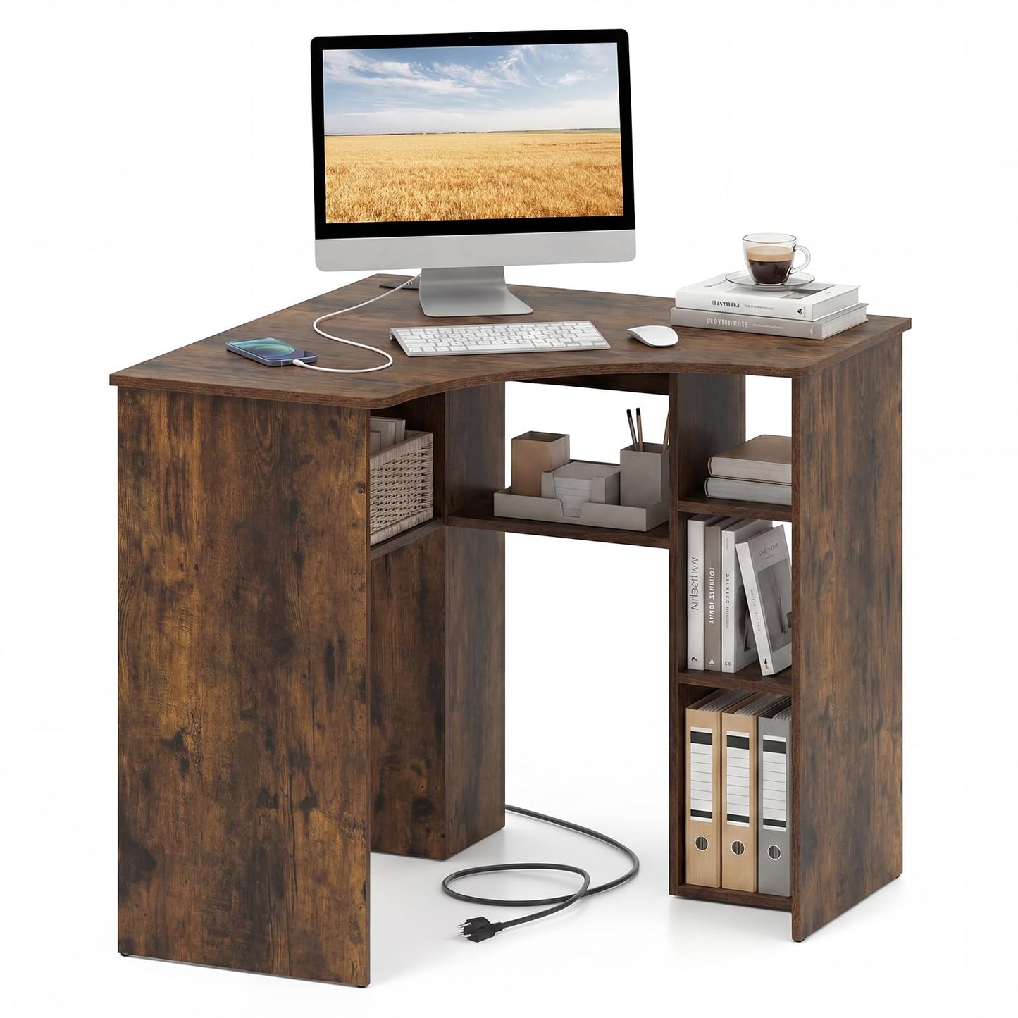 Tangkula 90-Degree Triangle Computer Desk with Ergonomic Curved Edge & Open Storage Shelves