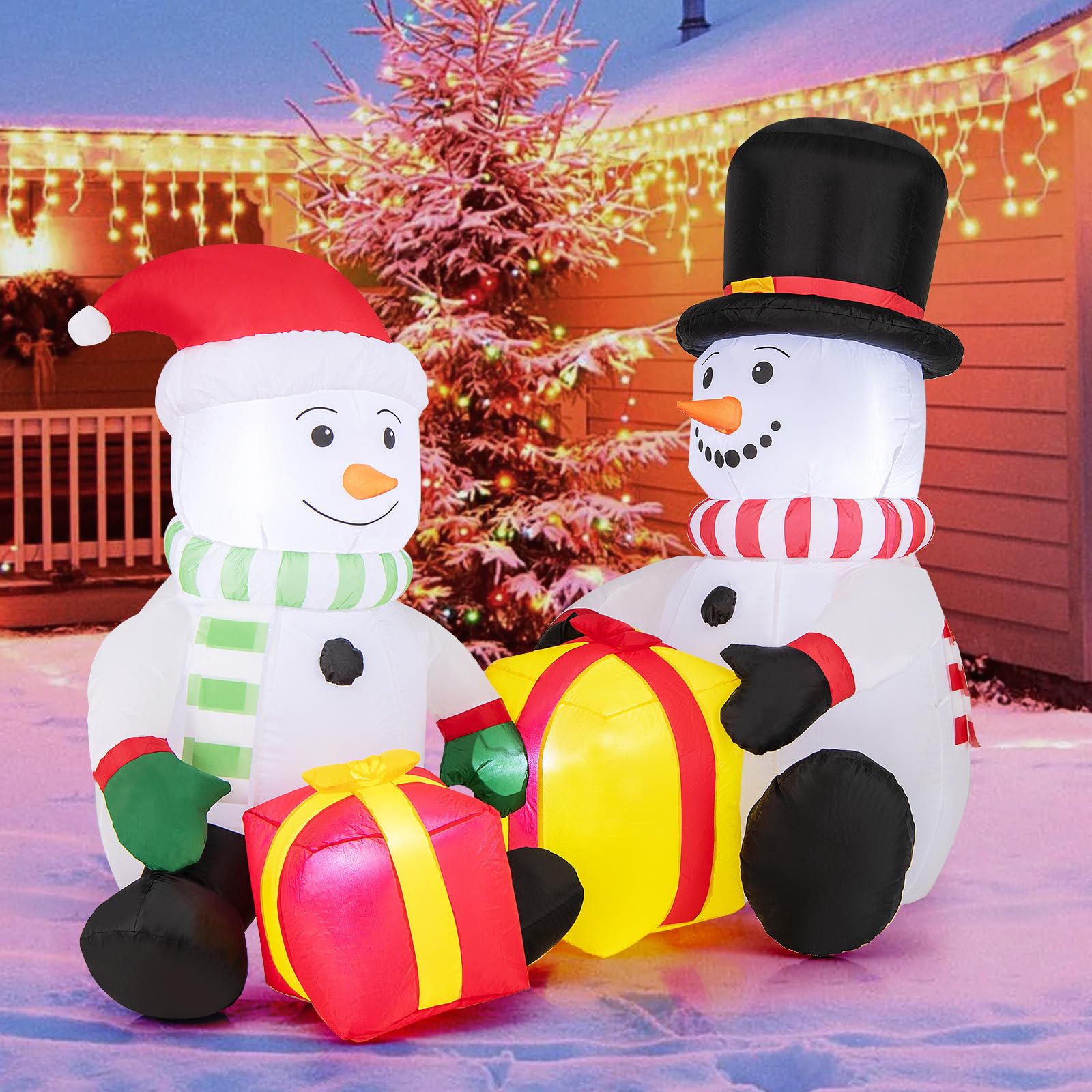 Tangkula 5 FT Christmas Inflatables, 2 Cute Blow-up Snowman with Gift Boxes
