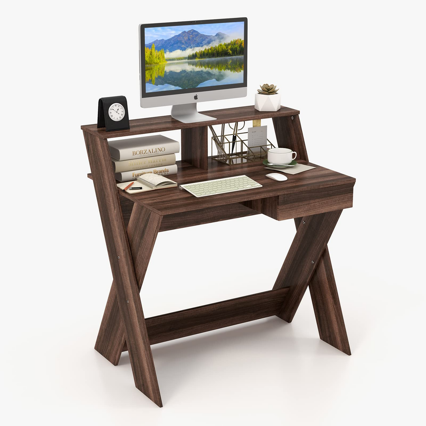 Tangkula Computer Desk with Storage Drawer, Small Writing Desk with Monitor Stand Riser