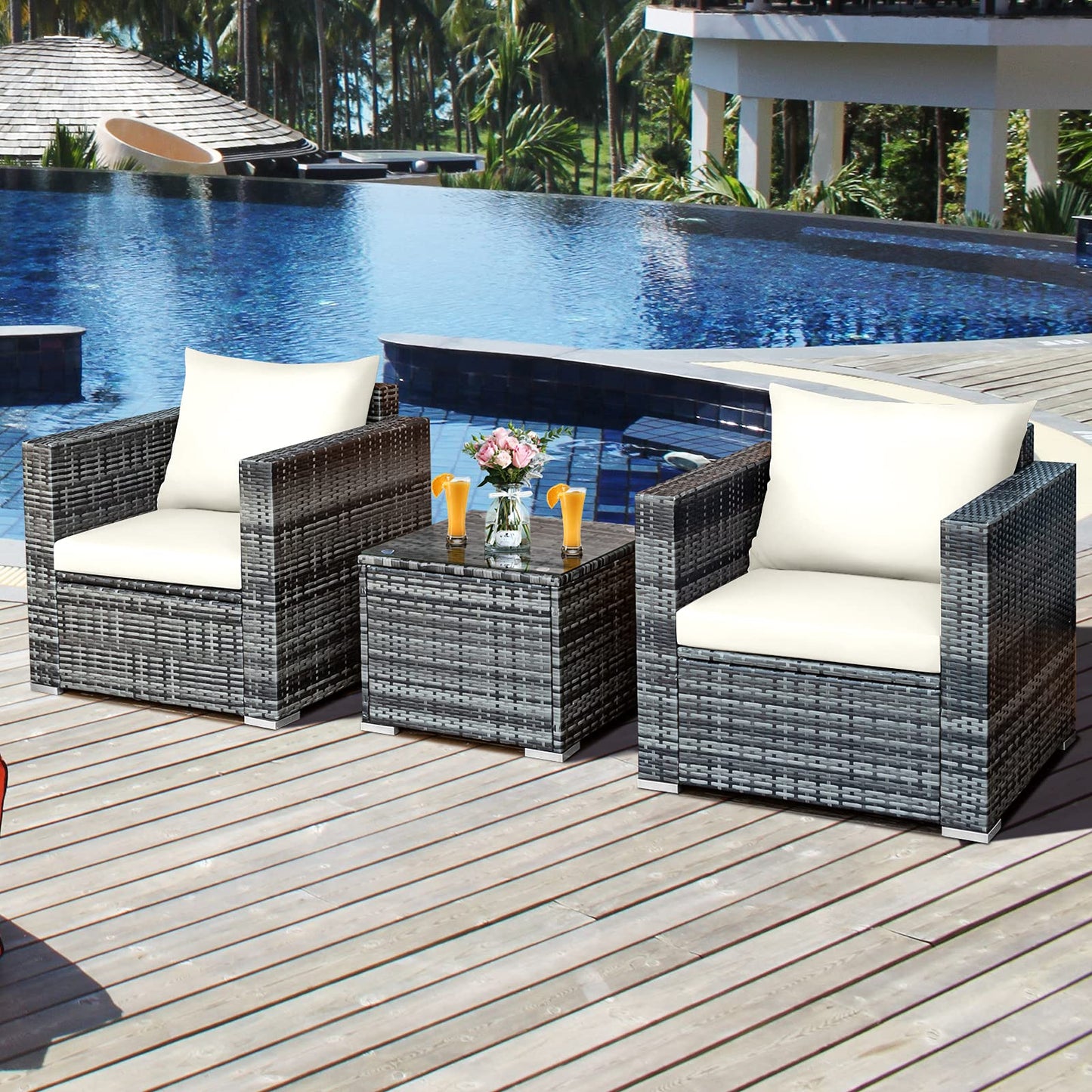 3 Pieces Patio Furniture Set, PE Rattan Wicker Sofa Set w/Washable Cushion and Tempered Glass Tabletop
