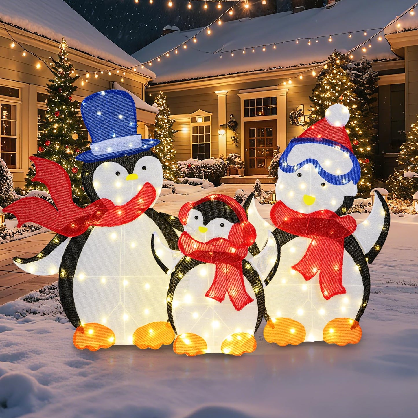 Tangkula 3-Piece Christmas Lighted Penguin Family Set Decoration
