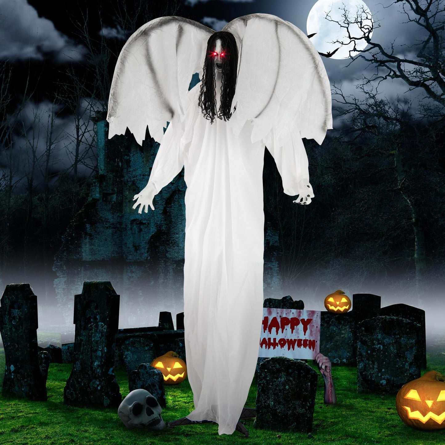 Tangkula 6.6 Feet Halloween Animatronic Standing Angel with Sound-Activated Light-up Eyes and Flapping Wings