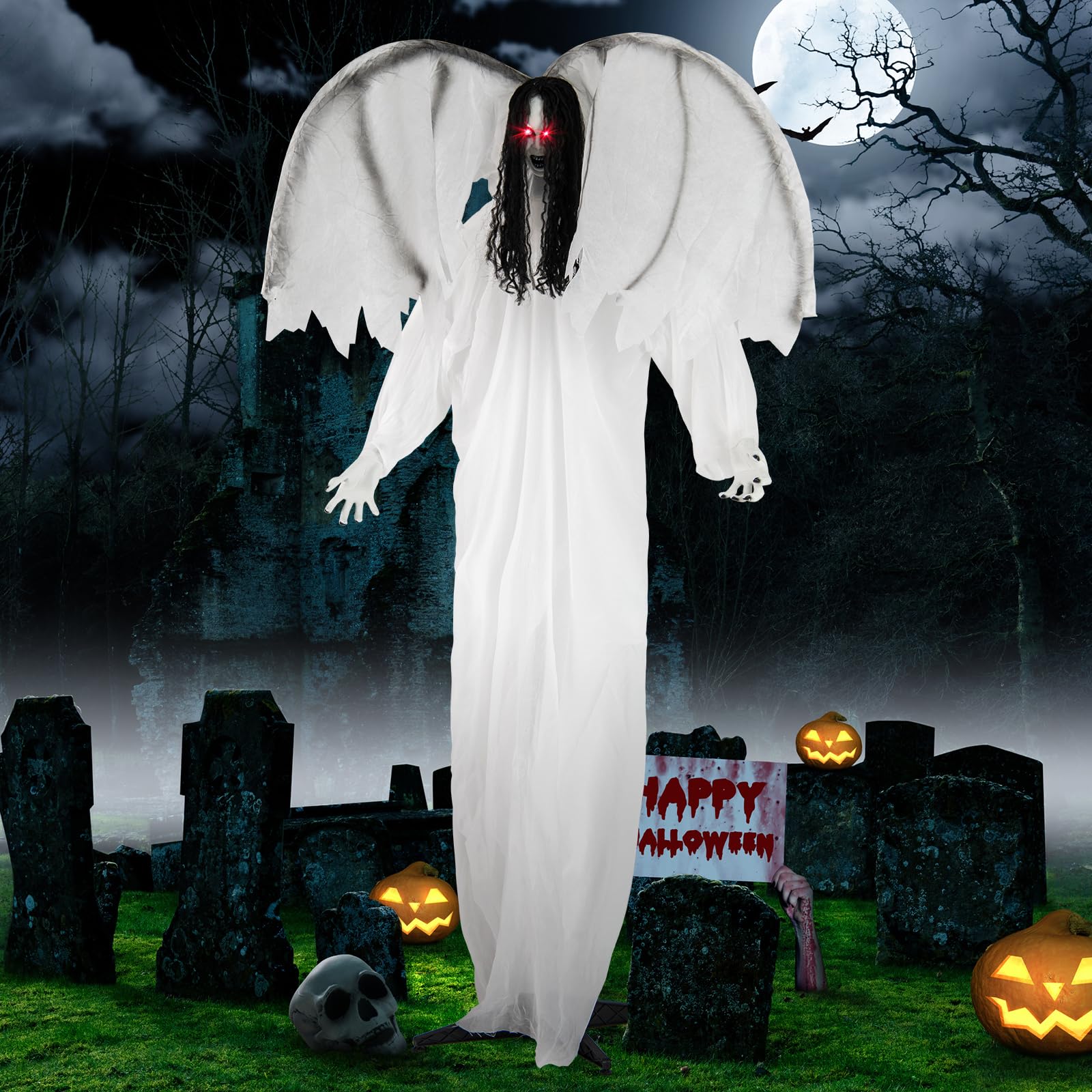 Tangkula Ange Animatronique d'Halloween de 2 mètres avec Yeux Lumineux Activés par le Son et Ailes Battantes