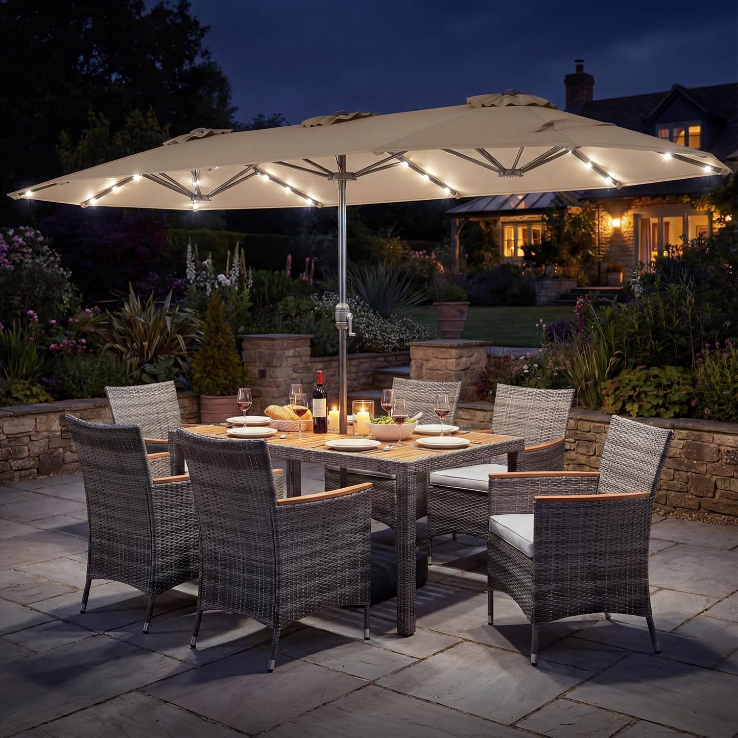 Tangkula 9 Pieces Rattan Outdoor Dining Set with 13Ft Solar Patio Umbrella for 6