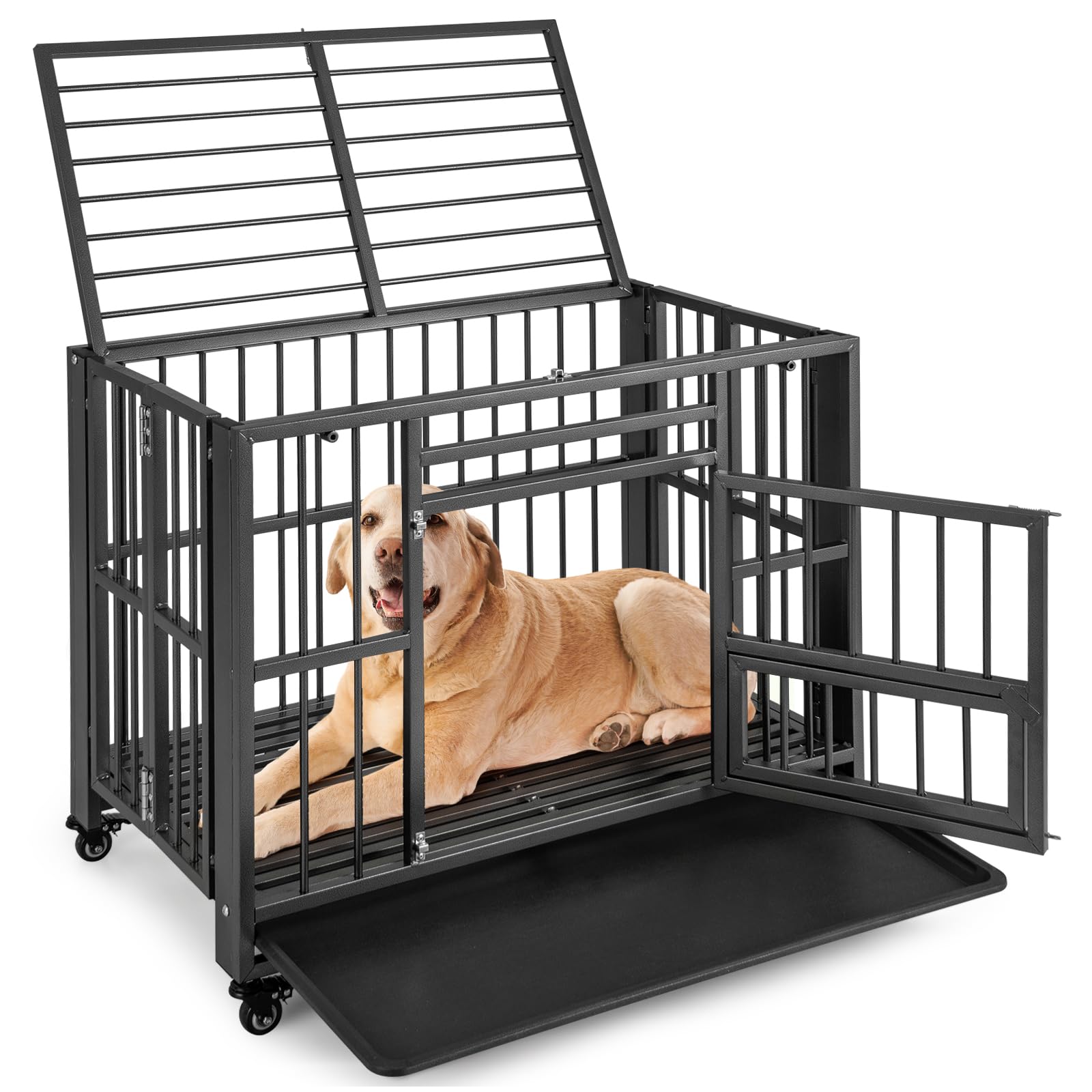 Tangkula Foldable Dog Crate, 3-Door Heavy Duty Dog Kennel with Removable Crate Tray