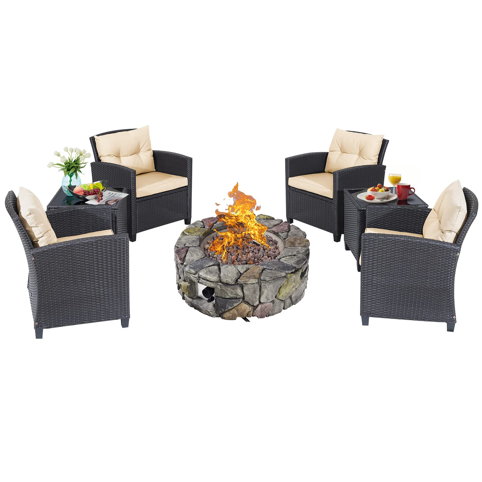  7 Piece Patio Furniture Set with 40,000BTU Propane Fire Pit Table - Tangkula