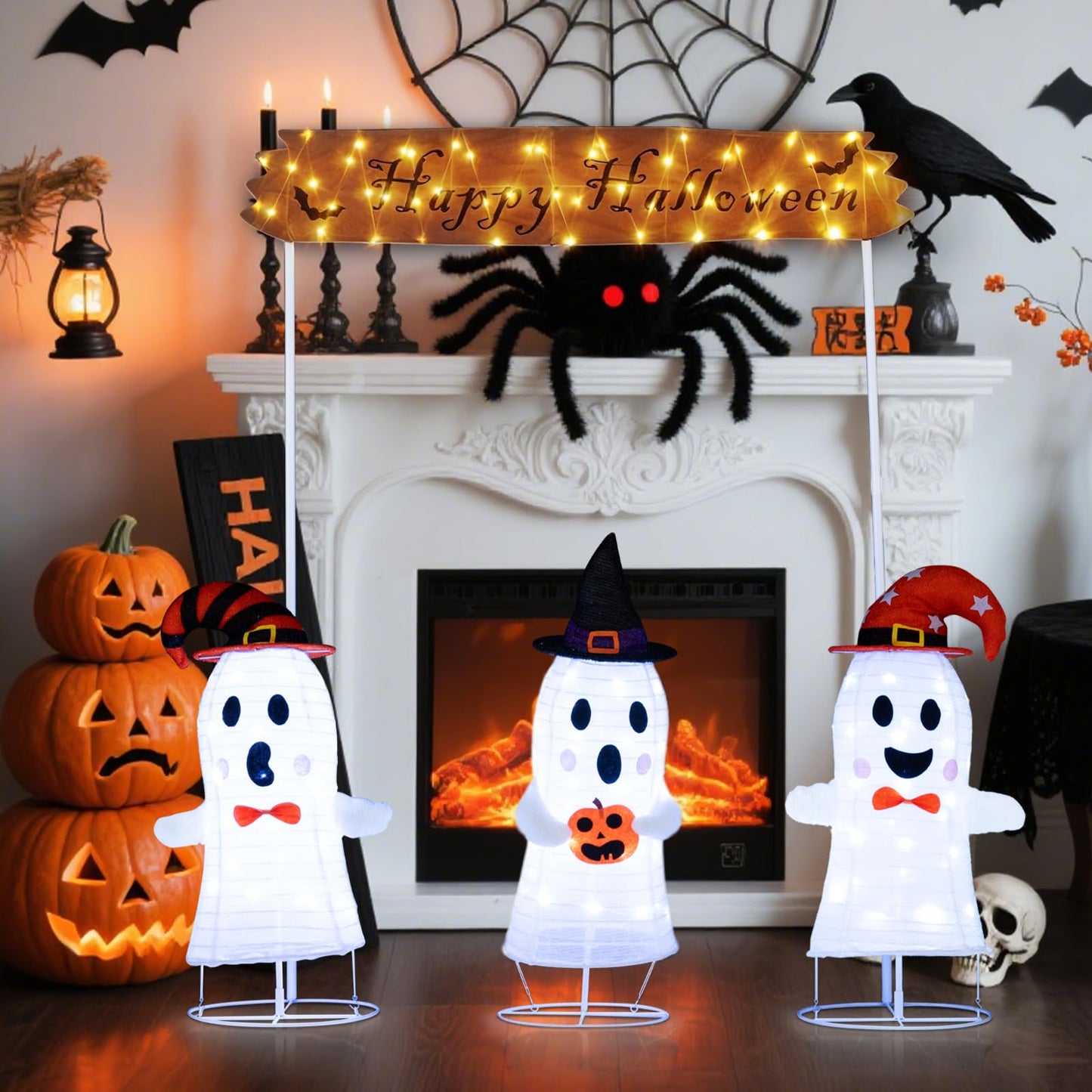 Tangkula Halloween Lighted 3 Pop up Ghosts with Gate