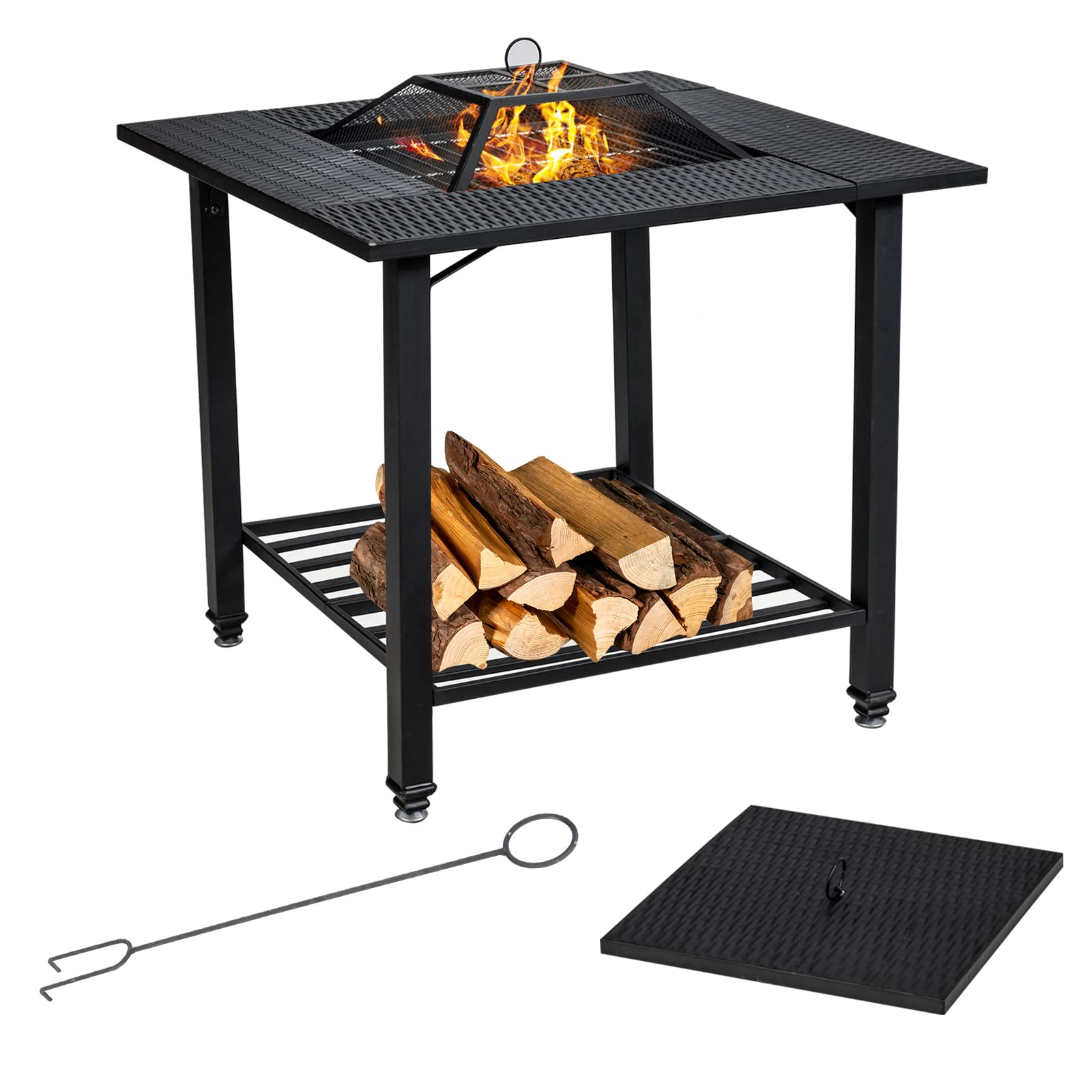 Tangkula 4 in 1 Outdoor Fire Pit, Heavy Duty Metal Square Wood Burning Fire Pit with Spark Screen Cover