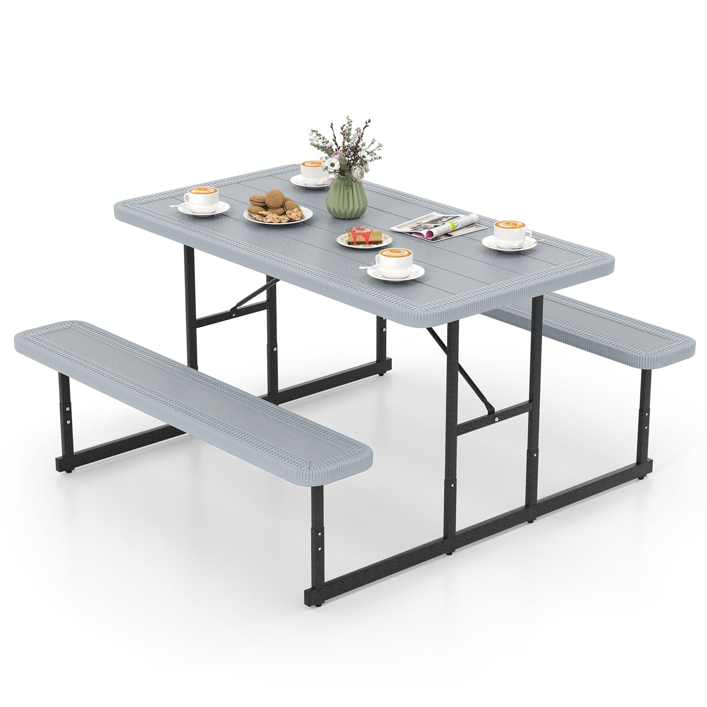 Tangkula HDPE Outdoor Rectangular Table Bench Set with 2 Built-in Benches