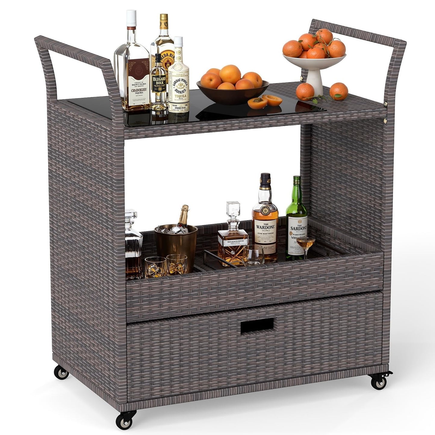 Chariot de bar roulant en osier d'extérieur Tangkula avec plateau en verre trempé
