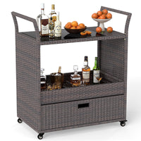 Chariot de bar roulant en osier d'extérieur Tangkula avec plateau en verre trempé