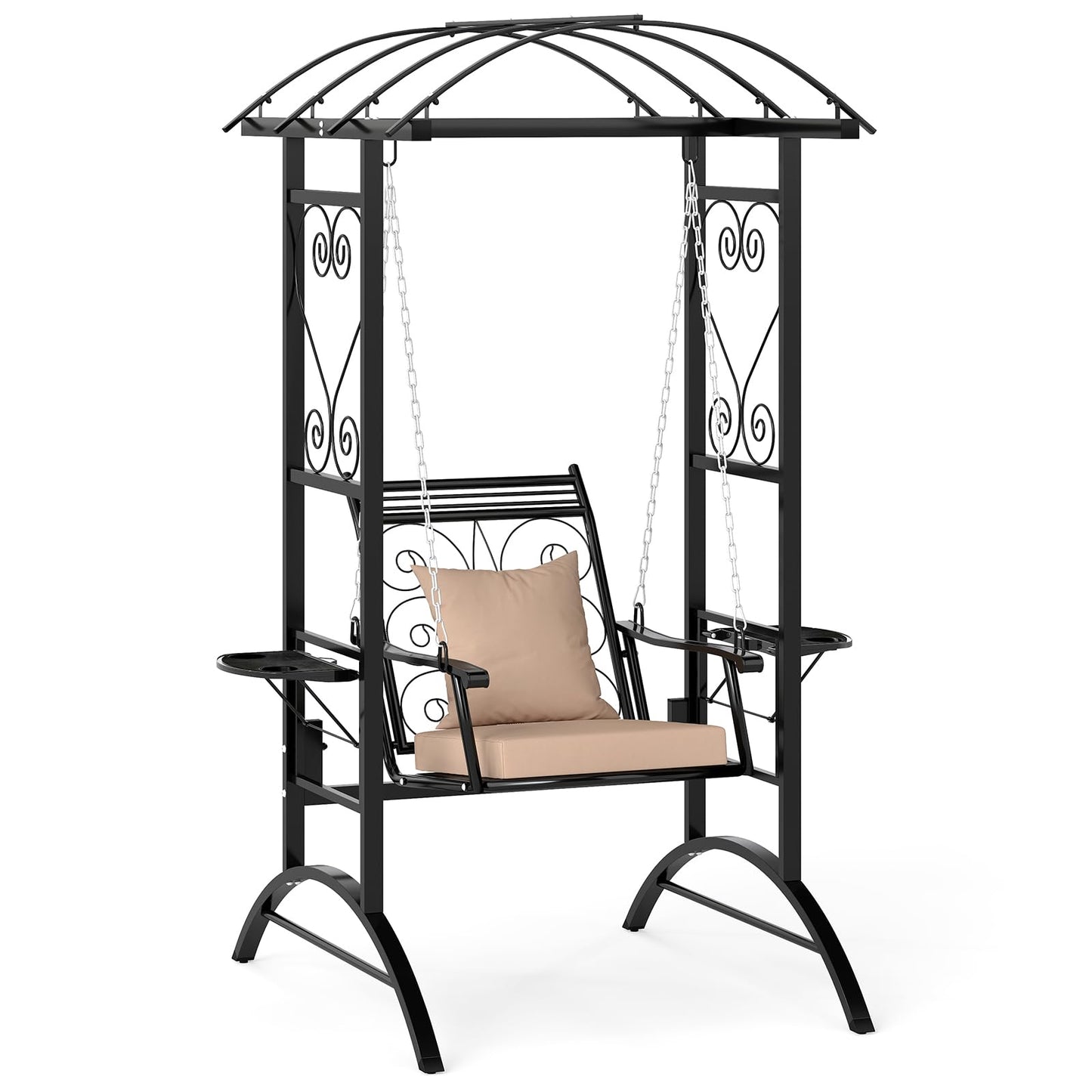 Balançoire de porche à cadre métallique Tangkula avec treillis en arc, coussins amovibles et tables d'appoint