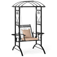 Balançoire de porche à cadre métallique Tangkula avec treillis en arc, coussins amovibles et tables d'appoint