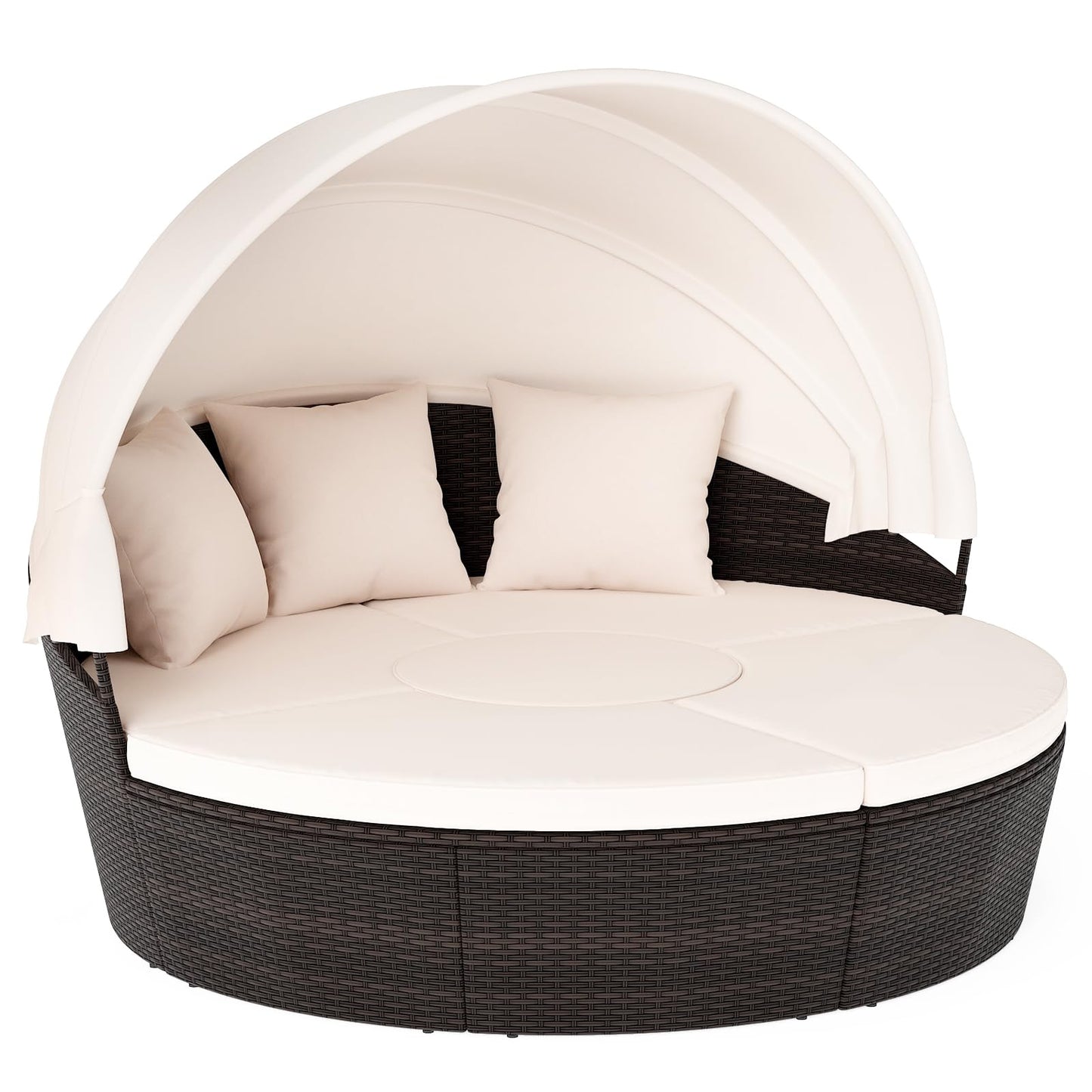 Tangkula Patio Round Daybed with Retractable Canopy Center Table & Throw Pillows