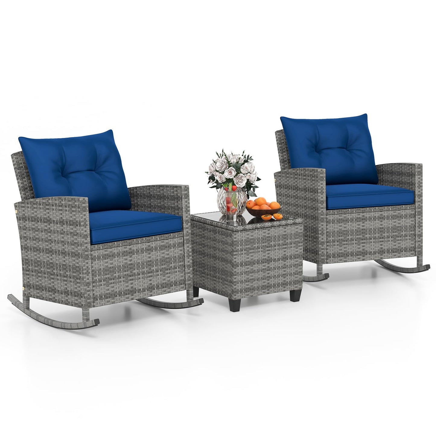 Ensemble de 3 pièces de chaises berçantes en osier Tangkula, chaises à bascule de patio en rotin avec table en verre trempé et coussins moelleux