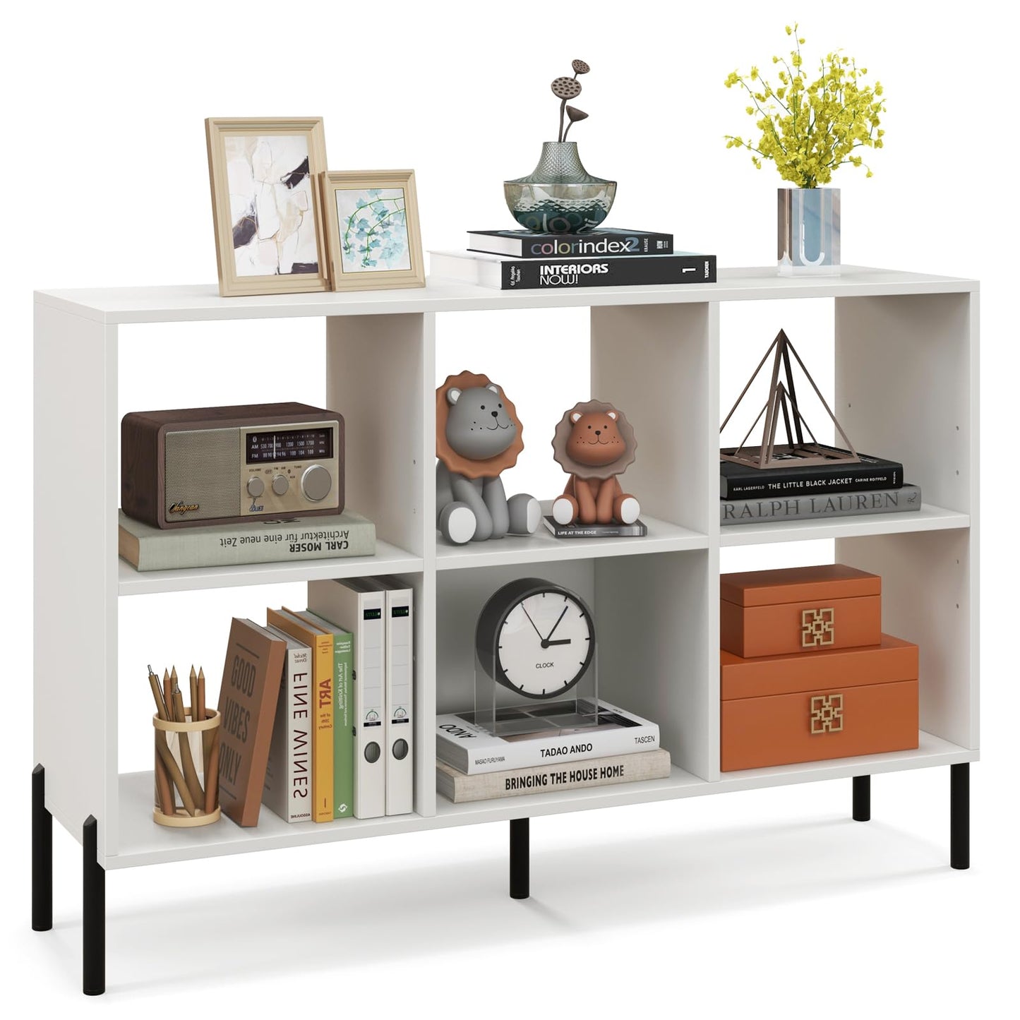Tangkula 6 Cube Bookshelf, 2-tier Wood Storage Open Bookcase with Elevated Metal Legs, 5-Position Adjustable Shelf